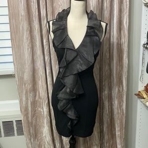 bebe Black and Gray Ruffled Mini Dress
